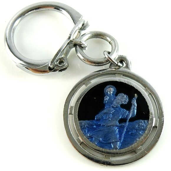 St Christopher Keychain Blue Enamel Lourdes Patron Saint of Travel Protection - Picture 1 of 3